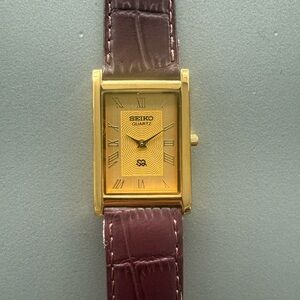Vintage Seiko Tank watch Gold dial Gold bezel with Brown Strap